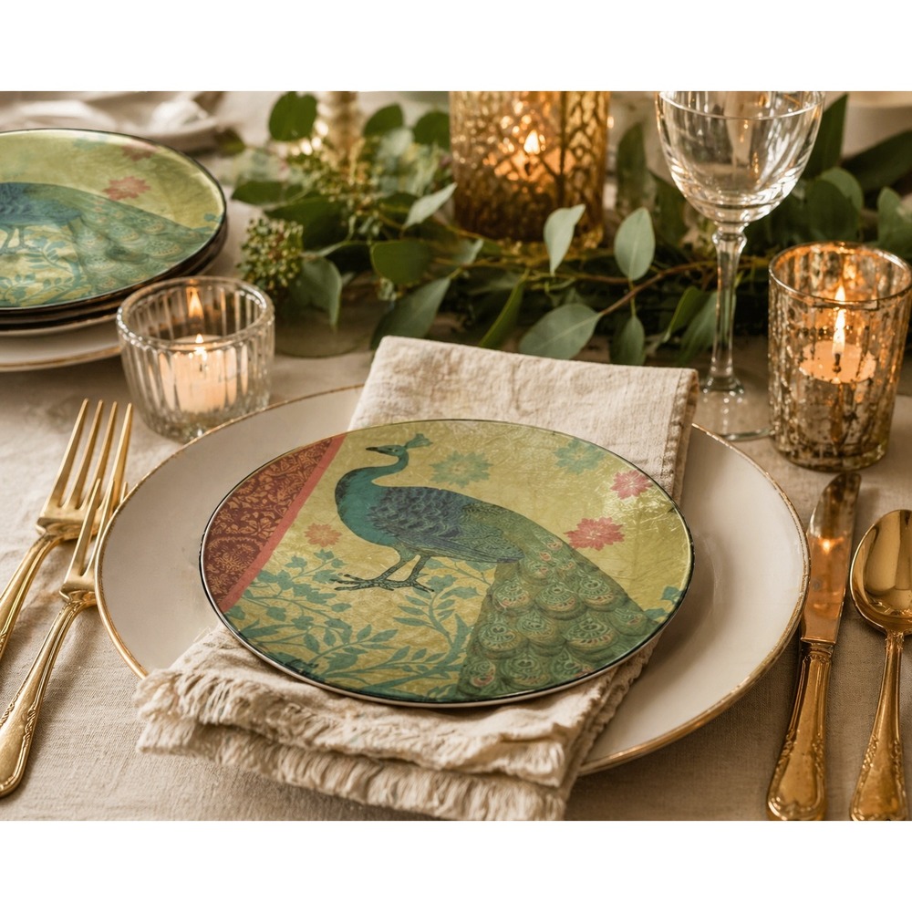 Pier‎ 1 Peacock Appetizer Plates Set 4 Glass Foil Boho Dessert 6 Inch